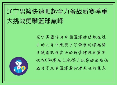 辽宁男篮快速崛起全力备战新赛季重大挑战勇攀篮球巅峰